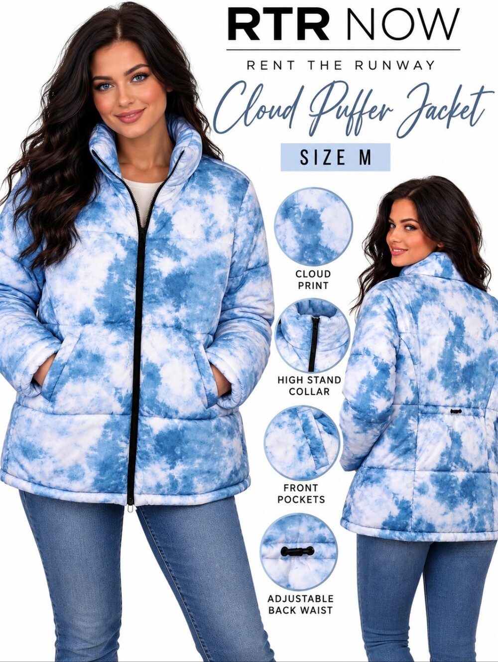 RTR NOW Rent The Runway Cloud Print Puffer Jacket Blue White Size M
